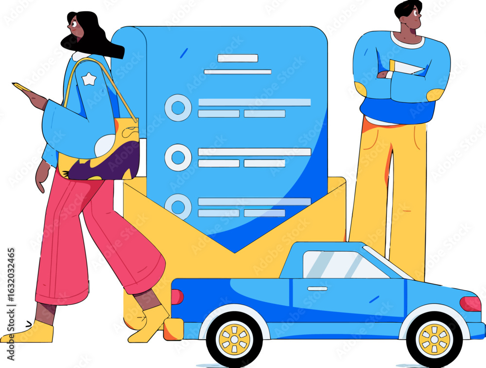 Poster modern design showcasing a person using a mobile app, a list of tasks, and a pickup truck, perfect f
