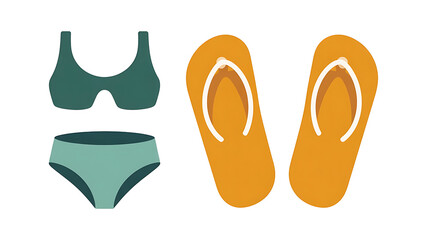 Green swimsuit and orange flip-flops, summer beach attire.
