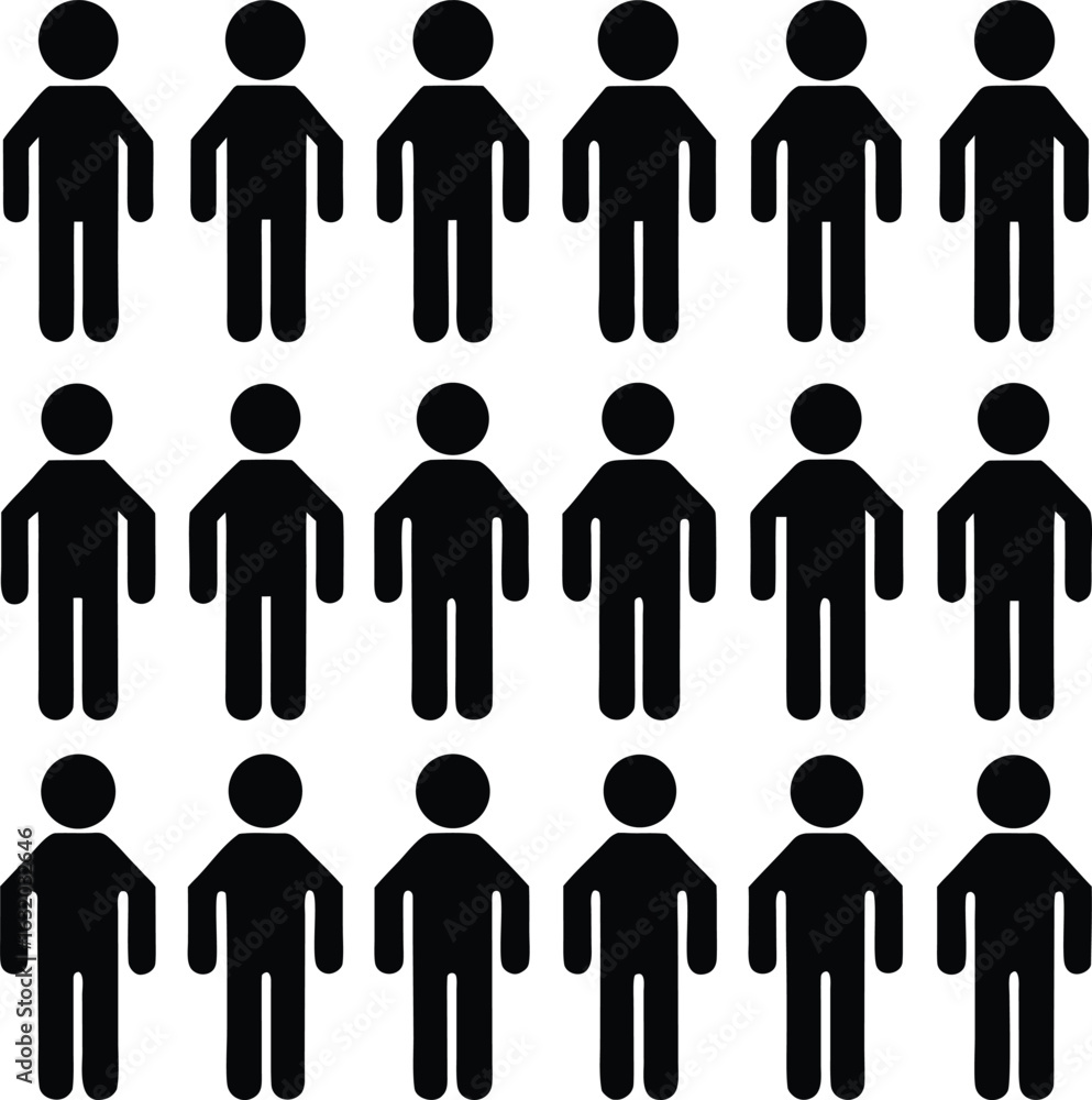 Poster a grid of identical black stick figures standing in rows against a white background representing a g