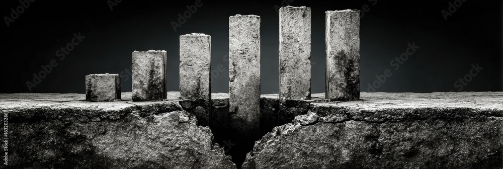 Poster abstract concrete structures emerge from a cracked surface in a dark setting highlighting texture an