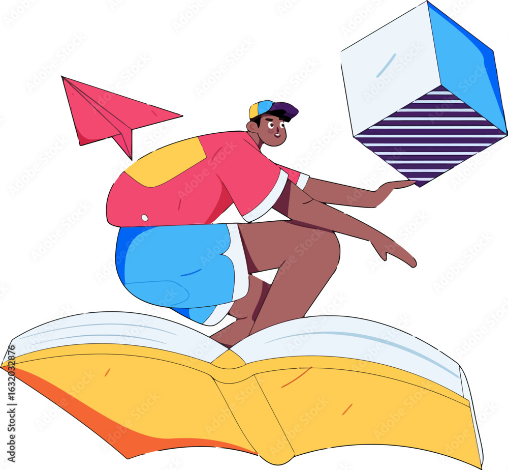 Poster inspiring student soaring on a book with paper airplane and cube in tow, symbolizing limitless learn