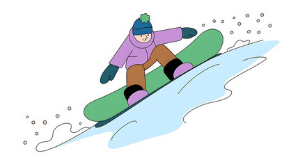 A snowboarder glides through snowy terrain.
