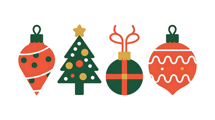 Christmas ornaments in red, green, and gold.
