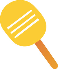 Bright yellow spatula with slotted head and orange handle isolated on white background