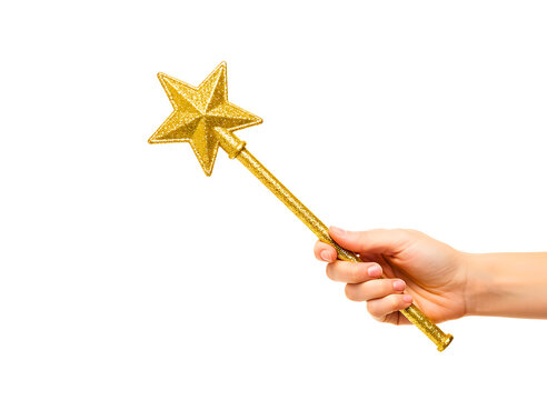 Hand holding a golden star magic wand isolated on transparent background