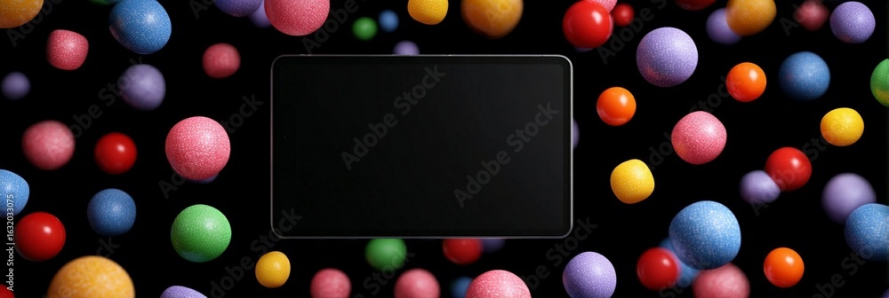 Poster vibrant colorful spheres dance around a sleek black rectangular device, creating a dynamic and playf