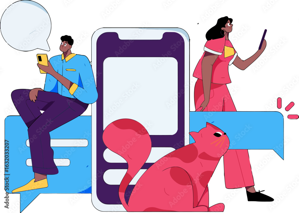 Poster engaging mobile app concept with diverse users messaging and interacting, a stylish vibrant design s