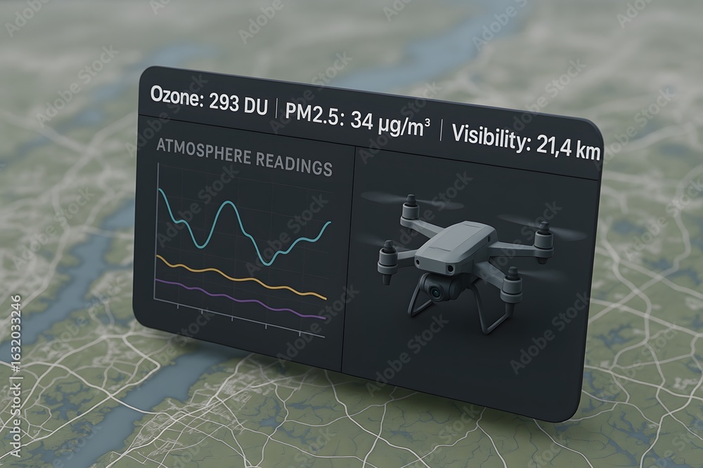 Poster advanced drone monitors atmospheric data and air quality readings on digital display over map