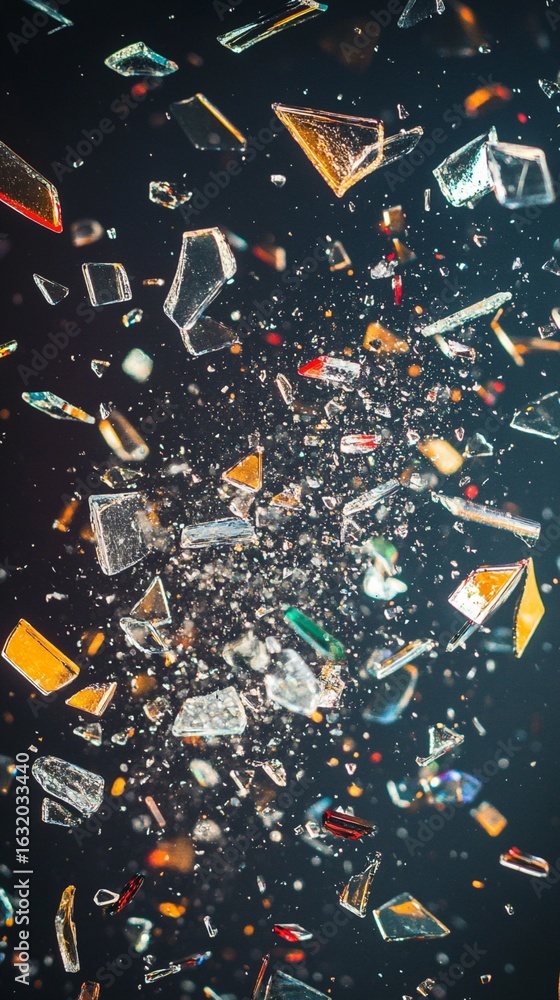 Poster explosive shatter of crystalline fragments creating a dynamic burst of geometric shapes against a de