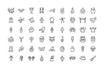 Halloween vector art of assortment of halloween icons including ghosts, pumpkins, and witches isolated