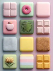 Pastel clay icons featuring food, plants, and textures in grid layout, evoking soft and playful aesthetic