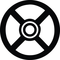 Fototapeta premium A stark black and white geometric symbol featuring a central circle within a larger circle intersected by four spokes