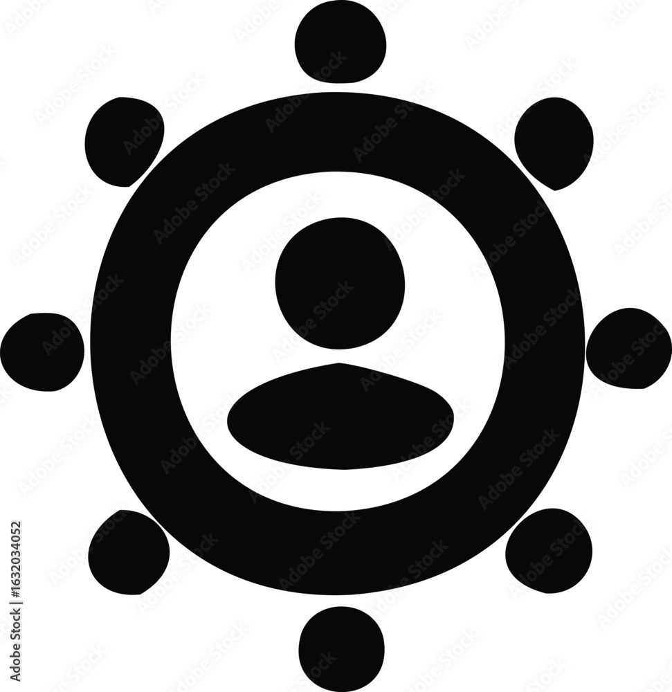 Poster abstract representation of a central figure surrounded by a community or network of interconnected i