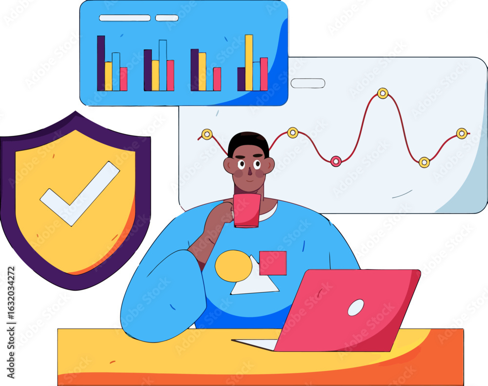 Poster modern professional working on data analysis with charts, graphs, and security shield, perfect for i