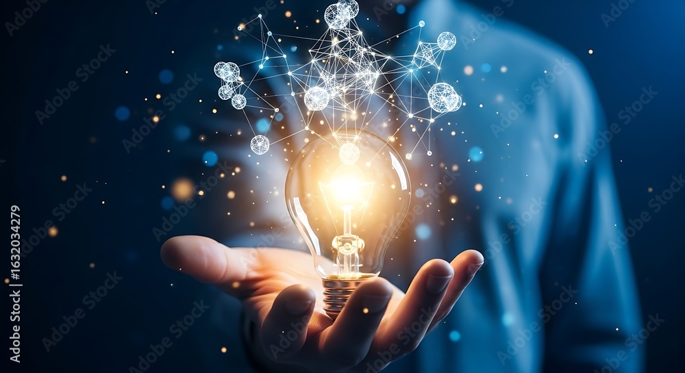 Poster hand holding a glowing light bulb from which an intricate network of connected nodes radiates agains
