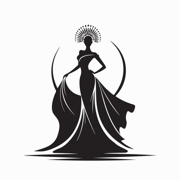 Miss Pageant Logo with Beautiful Lady Evening Gown and Crown .Design Logo Vector