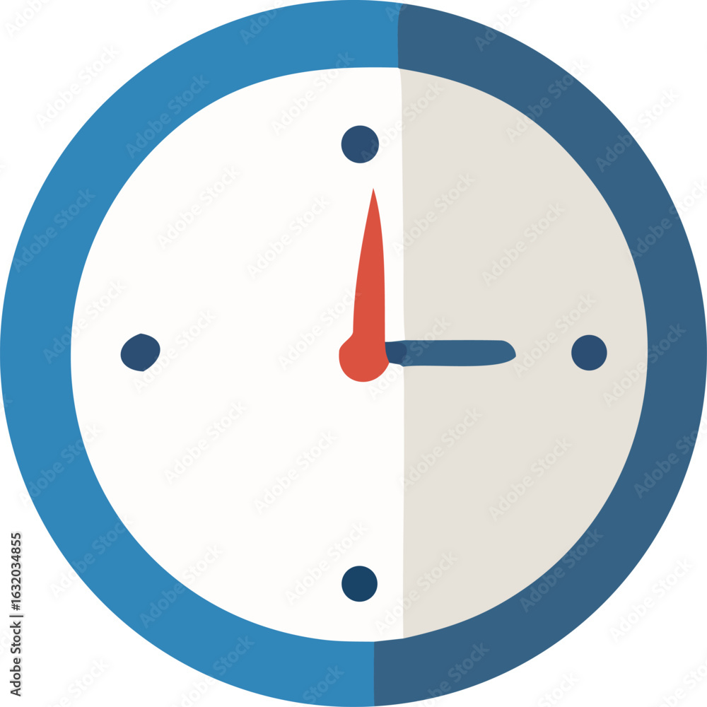 Poster simple illustration of a round analog clock with blue rim and red hands showing a specific time