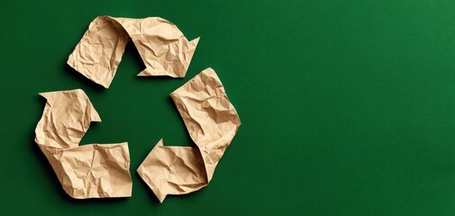 The crumpled paper recycling symbol on a green background for environmental awareness.