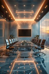 Modern conference room with sleek design, panoramic views, and ambient lighting for productive meetings.