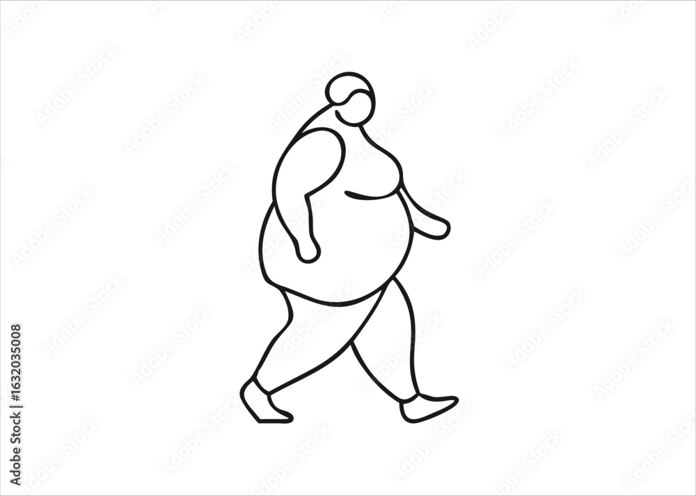 Poster a single continuous line drawing depicting a plus size woman in motion gracefully walking forward ar