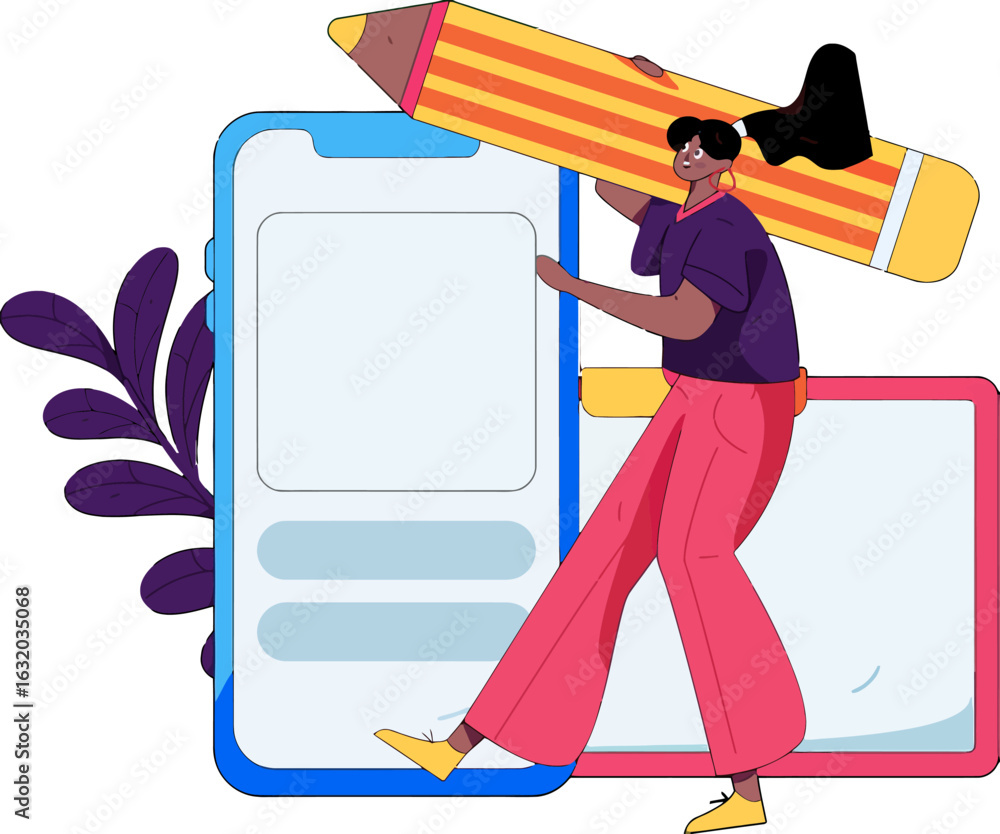 Poster creative designer crafting innovative mobile app interface, expressing artistic vision with oversize