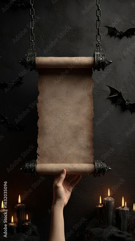 Poster ancient manuscript scroll suspended on chains with mysterious gothic background of bats and candleli