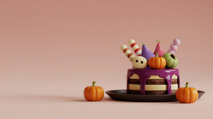 Cute Halloween cake decorated with candy and pumpkins.
