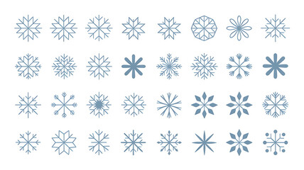 Various snowflake designs in shades of blue.
