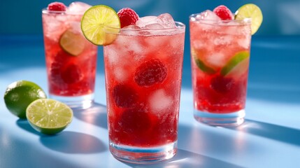 Refreshing raspberry mojito cocktails with vibrant red color, crushed ice, and lime garnish, perfect for summer entertaining and tropical drink enthusiasts