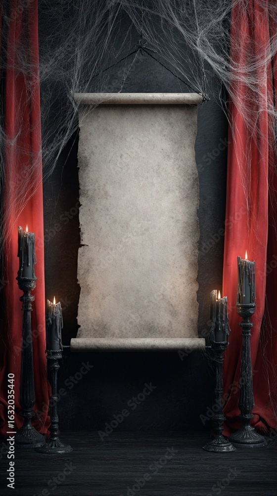 Poster mysterious vintage scroll displayed between dark red curtains and burning candles, creating an atmos