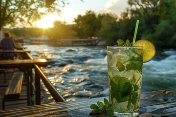 Refreshing mojito cocktail with mint and lime by the river at sunset, perfect for summer relaxation.