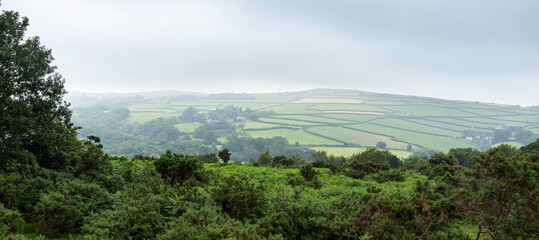 landscape of bodmin moor on foggy day late spring