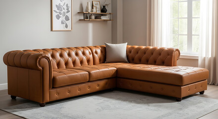 Luxurious tan leather sectional sofa with tufted detailing and chaise lounge adds elegance