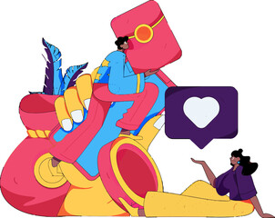 Quirky digital illustration of social media engagement and online connection, featuring a vibrant color palette and modern design elements for creative marketing campaigns and brand awareness