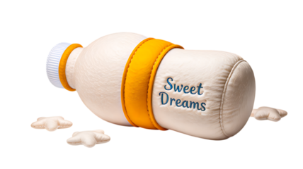 Soft plush milk bottle toy with sweet dreams text on white background


