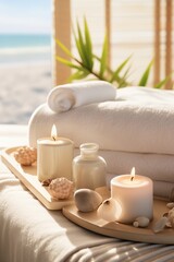 Relaxing spa setting with candles, towels, and seashells, evoking tranquility and beach vibes.