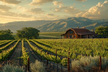 Scenic vineyard during sunset, featuring lush grapevines and a rustic barn with mountains in the background.