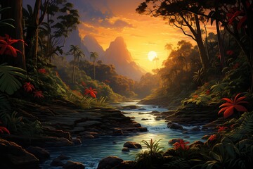 Serene sunset landscape with lush greenery, a flowing river, and mountains in the background, perfect for nature lovers.