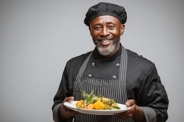 Smiling male chef holding a plate of gourmet vegetables in a professional kitchen setting.