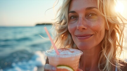 Smiling woman enjoying a refreshing drink on a beach at sunset, surrounded by waves and a warm, glowing atmosphere.