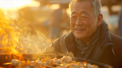 Smiling man grilling skewers over an open flame at sunset, enjoying cooking outdoors with vibrant flames.