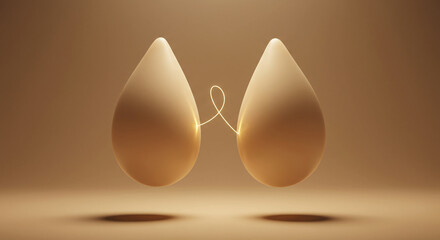 Elegant abstract concept of two floating golden drops connected by a glowing thread. A minimalist image symbolizing synergy, partnership, and a vital bond on a warm, neutral background