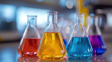 Four laboratory flasks with colorful liquids in a laboratory setting.