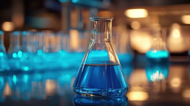 A blue liquid in a conical flask on a table with other flasks and glassware in the background.