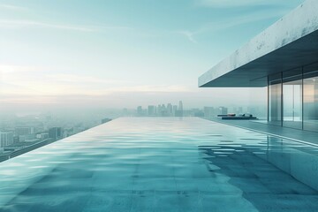 Stunning infinity pool overlooking a city skyline, reflecting serene blue tones against a tranquil morning sky.