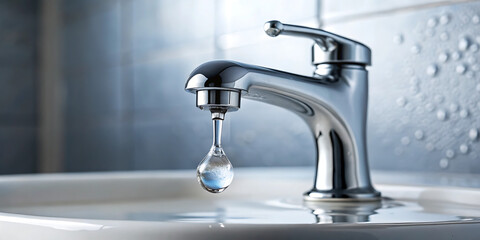 Closeup of a chrome water tap with a single drop of clear liquid falling into a white sink