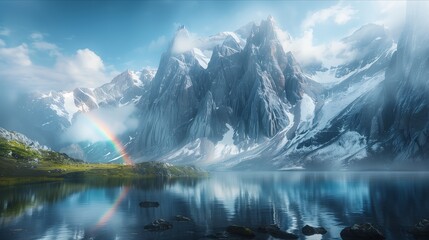 Stunning mountain landscape reflecting in tranquil waters with a vibrant rainbow arching across a clear blue sky.
