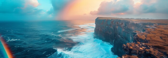 Stunning ocean view with crashing waves and a colorful rainbow over dramatic cliffs at sunset.
