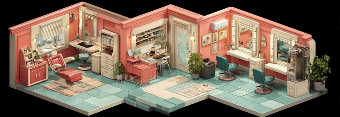 Stylish beauty salon interior featuring modern equipment, vibrant colors, and comfortable seating, ideal for relaxation.