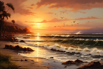 Stunning sunset over the ocean with waves crashing on the shore, framed by palm trees against a colorful sky.
